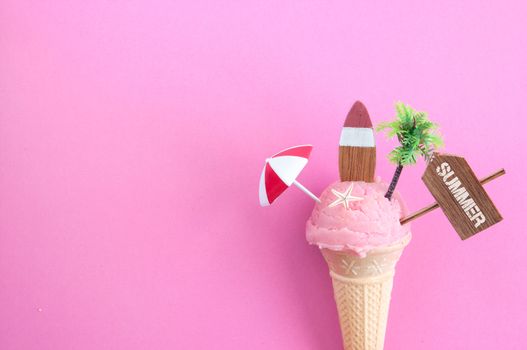 Strawberry icecream with beach sign, parasol, surfboard and pine tree