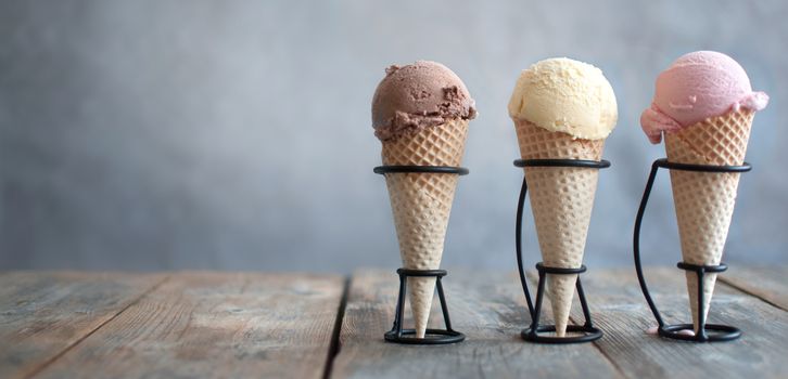 Three traditional ice cream cones