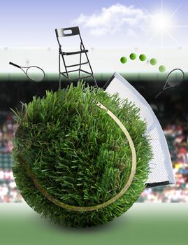 Tennis ball made from grass with net and game, umpires chair and crowd stands in the background