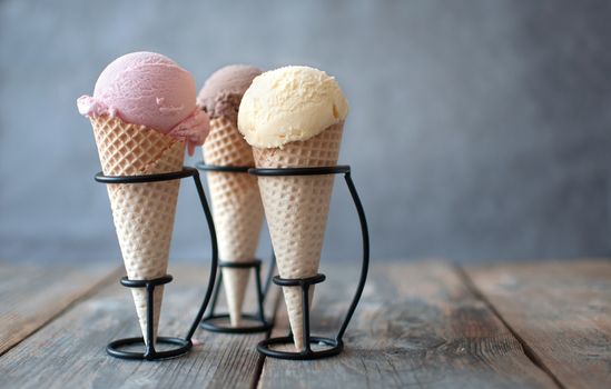 Three traditional ice cream cones