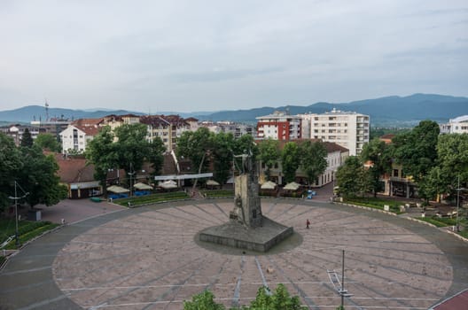 Kraljevo, Serbia - May 5, 2018: Central square with monument to a Serbian soldier. Kraljevo, Serbia