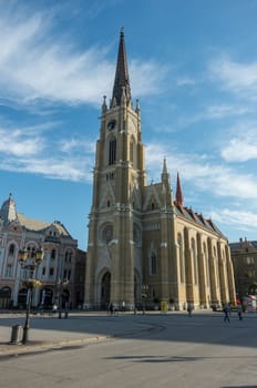 Novi Sad, Serbia - May 08, 2018: View of cathedral Katolicka Porta in Liberty Square (Trg Slobode) in Novi Sad