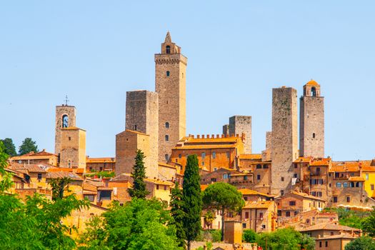 San Gimignano - medieval town with many stone towers, Tuscany, Italy. Panoramic view of cityscape.