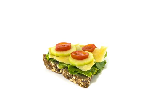 healthy breakfast or lunch with bread with cucumber salade tomato and cheese isolated on white background