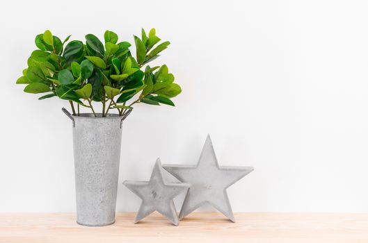 Green plant in a metal pot and concrete stars on a wooden shelf. Simple and natural home decor.