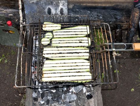 zucchini just started roasting on the grill, zucchini have just started to fry on the grill, visible red coals