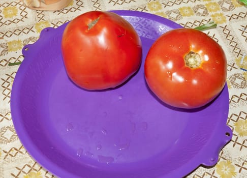 two red tomatoes on a purple plate
