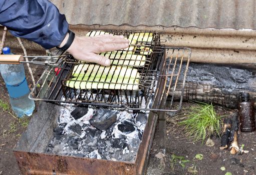 people hand over the heat fry zucchini on the grill, visible red coals