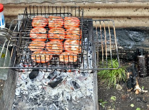roasting sliced tomatoes on the grill over hot coals, cooking for the picnic