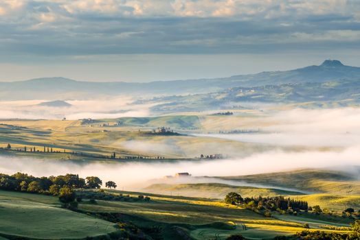 Sunrise over Val d'Orcia in Tuscany