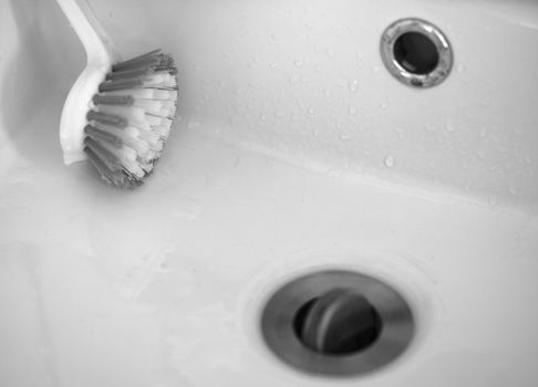 BLACK AND WHITE PHOTO OF WET BRUSH IN THE BASIN