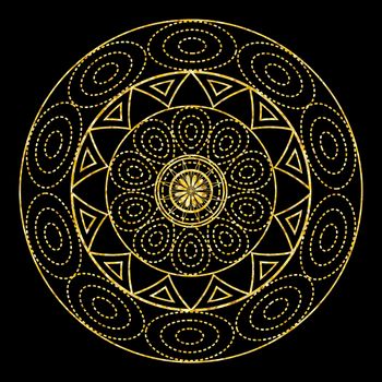 Gold mandala for coloring book. Decorative black round outline ornament. Unusual flower shape. Oriental and anti-stress therapy patterns. Vector yoga logos design element.