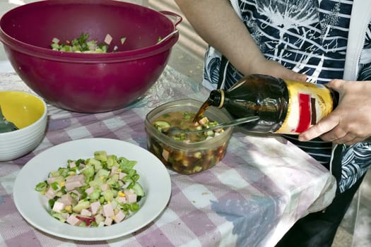adding kvass to okroshka, Russian cold vegetable soup