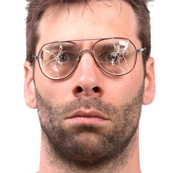 Goofy man with broken vintage glasses - Isolated on white
