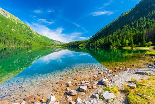 Beautiful Lake Morskie Oko in the morning on a sunny day attractions in Poland