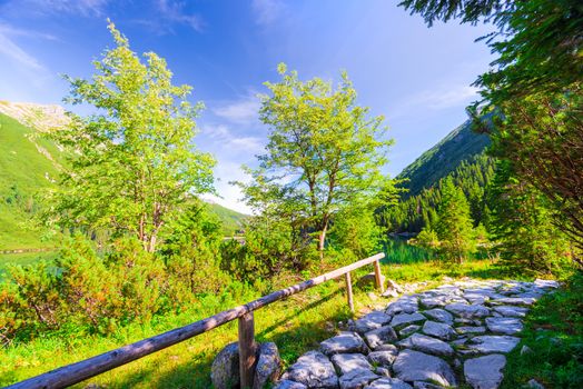 stony hiking trail around Lake Morskie Oko in Poland