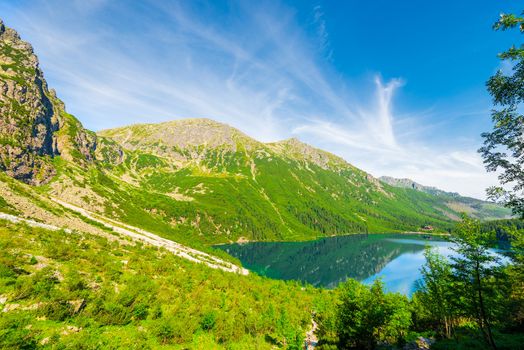 Beautiful view from the mountain to the Morskie Oko lake in Poland, Zakopane