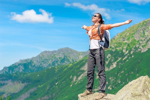 A tourist with a backpack on the background of beautiful scenery in the mountains enjoys freedom