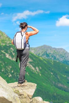 view from the back of a tourist with a backpack in the mountains on a cliff looking to the distance to the mountains