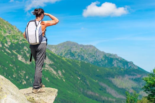 a tourist with a backpack in the mountains on a precipice looking into the distance to the mountains, the view from the back