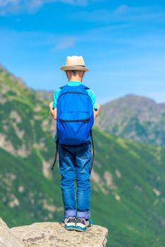 view from the back boy traveler with a backpack stands on a rock