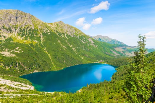 Picturesque beautiful mountain lake Morskie Oko sight-seeing of Poland in the Tatra mountains view from above