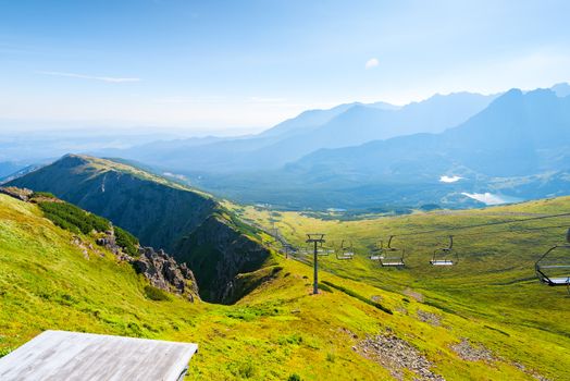 The green slope of the mountain Kasprowy Wierch with ski lift in summer