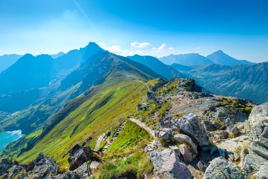 Ridge Mountains Kasprowy Wierch tourist attraction in Poland, sunny summer day