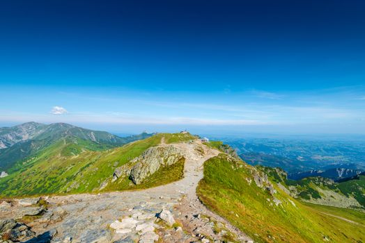 view of the station Kasprowy Wierch at the top of the mountain and the valley of Zakopane, Poland