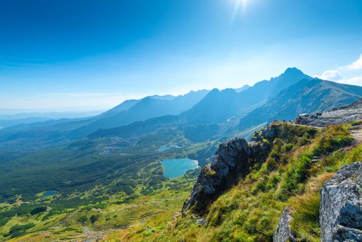 Scenic view from the mountain to the horizon and the valley of Zakopane, Poland