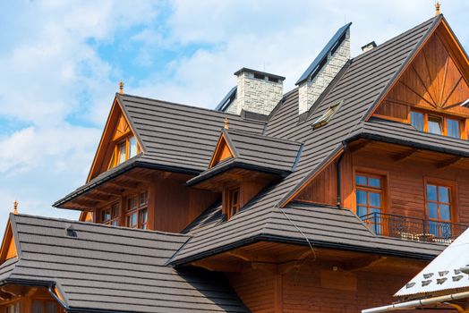 architectural elements of a wooden villa close-up