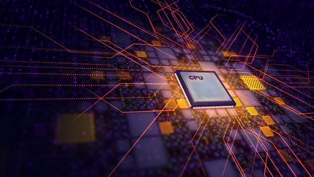 A futuristic 3d rendering of a CPU processor placed aslant in the violet backdrop. It is surrounded with colorful squares and a grid of lines. The power rays are transmitted in all directions.