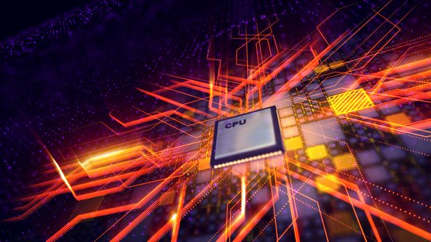 A holographic 3d illustration of a square CPU microprocessor with a line of white dots being put aslant in the black background with golden square plates, rows of violet spots and purple energy pipes.