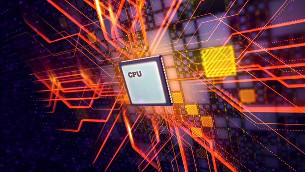 A cutting edge 3d rendering of a square CPU processor placed aslant in the violet backdrop. It is connected with yellow squares and a grate of purple lines. The beams move spherically. 