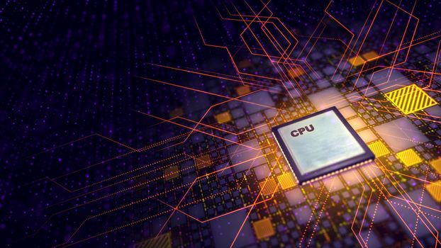 An amazing 3d rendering of a CPU chip put askew in the violet backdrop. It is encircled with colorful squares covered with diagonal lines. The power rays are conveyed in all directions. 