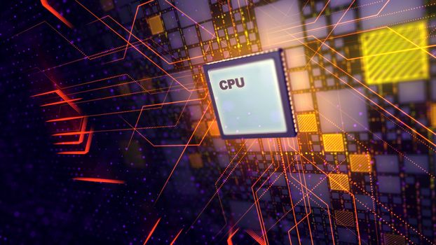 An astounding 3d illustration of a square CPU tablet located askew in the center of the black background with golden and violet square patches, as well as crisscross and straight purple power rays. 