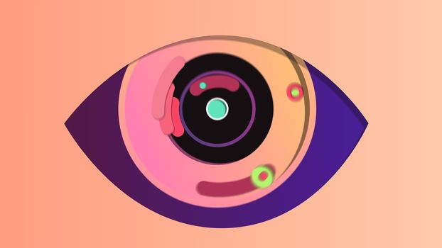 An optimistic 3d illustration of a technological eye with a black pupil, rosy iris and dark blue retina, placed in the center in the pink background. It has shutters and tiny cameras. 
