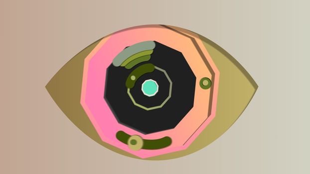 A mysterious 3d illustration of an artificial eye with an octagonal blue pupil, black and grey iris and khaki retina, opening and closing in the grey backdrop. It has moving cameras in slots. 