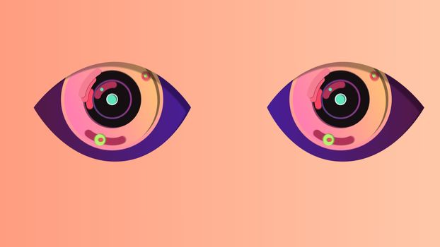 A cheery 3d illustration of two artificial eyes with black pupils, rosy irises and blue retina. They look attentively in the pink backdrop. They have some spotty technological devices inside. 