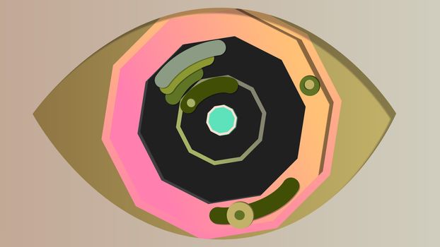 An enigmatic 3d illustration of a manmade eye with an octagonal blue pupil, black and grey iris and khaki retina, placed in the center of the grey backdrop. It has small cameras in slots. 