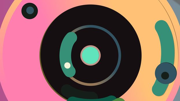 3d illustration of a technological eye with a round blue pupil, black and pink iris and violet and grey retina, put in the center of the colorful backdrop. It has small black cameras in slits. 