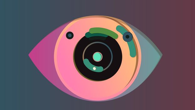 A cutting edge 3d illustration of an artificial eye with a round blue pupil, black and pink iris and violet and grey retina, put in the center of the grey and violet backdrop. It has modern cameras. 
