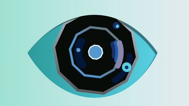 An original 3d rendering of an artificial eye with an octagonal blue pupil, black and grey iris and dark blue retina, located in the center of the celeste backdrop. It has tiny cameras in slots. 