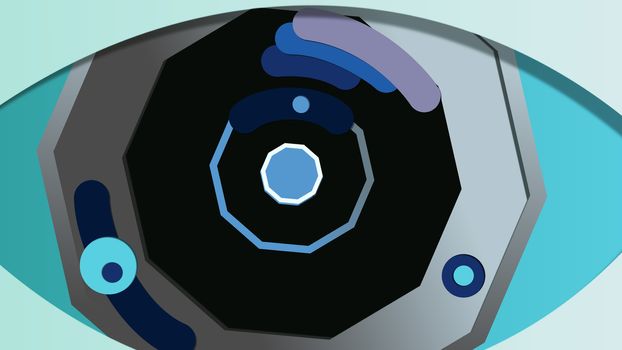 3d illustration of an artificial eye with an octagonal blue pupil, black and grey iris and dark blue retina, located in the center of the light blue backdrop. It has small cameras in slits. 
