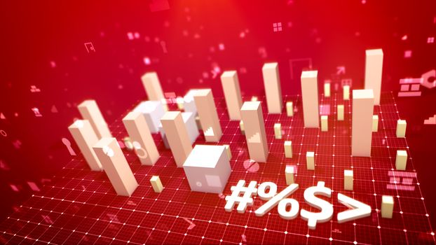 A holographic 3d illustration of a bar chart and an arrow put aslant on a white grid in the red background. The white columns meaning business indicators show profit in per cent. 
