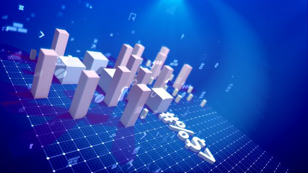 A trailblazing 3d illustration of a bar chart and computer symbols including angle bracket, number, dollar and percent put diagonally on a rigid network in the blue background. The profit is surging.