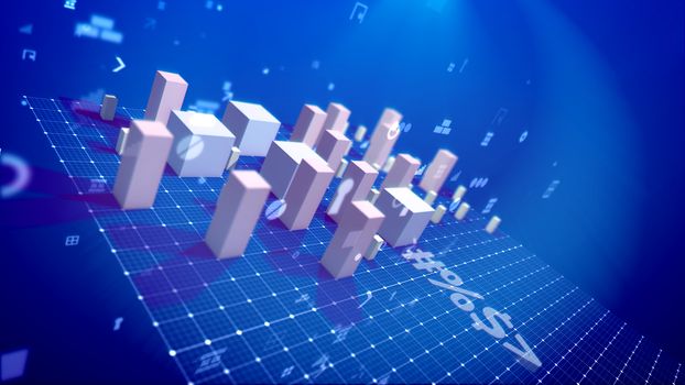 A holographic 3d illustration of a bar chart with growing cubic columns meaning revenue in the blue background placed askew with flying spots, key holes, angles and other computer symbols. 