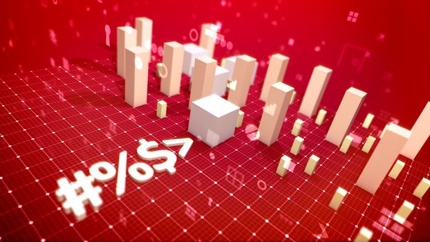 A breathtaking 3d illustration of a trade bar chart and computer signs including angle bracket, number, dollar and percent put askew in the red backdrop. The profit indicators are moving up.