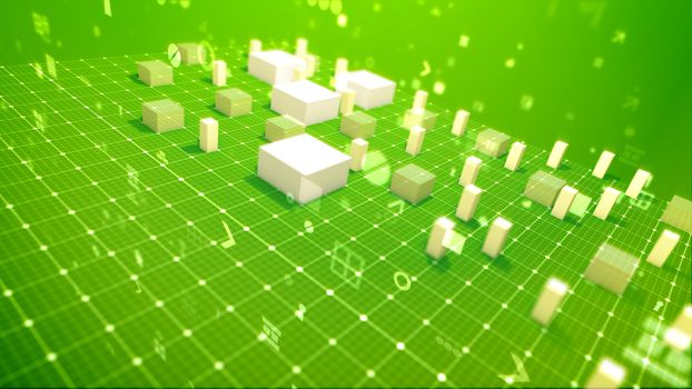 A victorious 3d illustration of a bar chart with jumping columns denoting profit in the green backdrop placed diagonally with flying zeroes, spots, key holes, arrows and other computer symbols. 