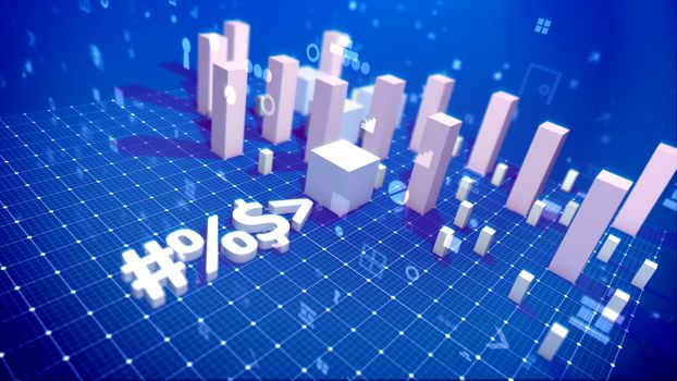 An innovative 3d illustration of a bar chart with growing cubic columns meaning revenue in the blue background located askew with whirling spots, key holes, angles and other computer signs. 